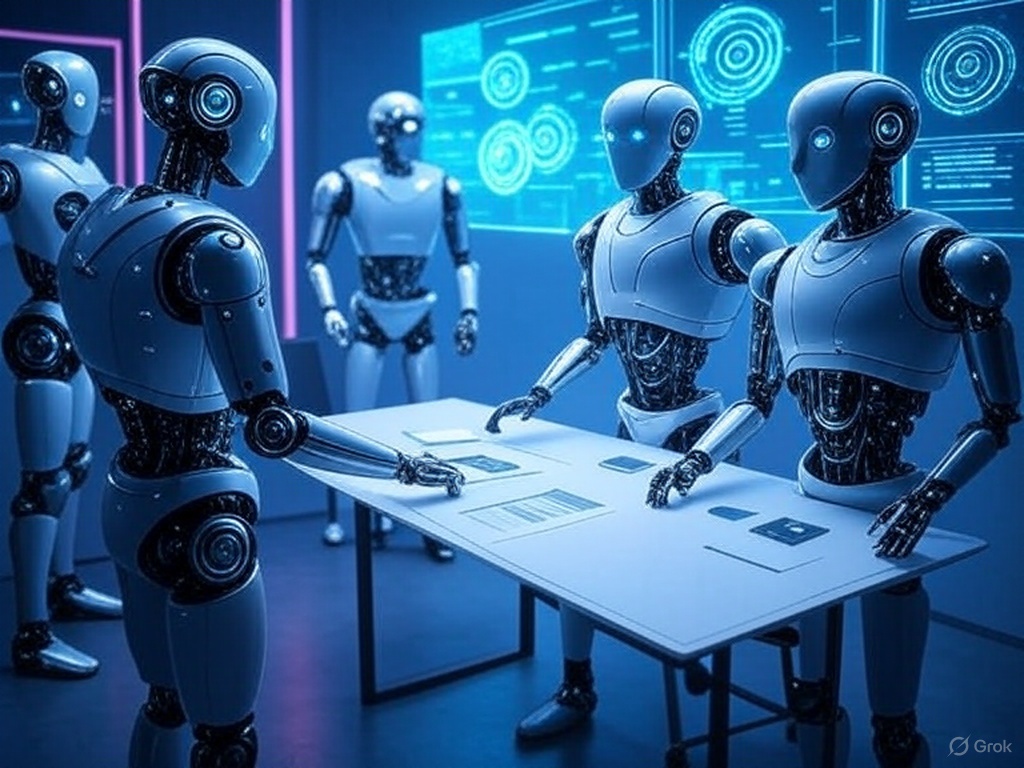 AI Agents collaborating in a futuristic workspace