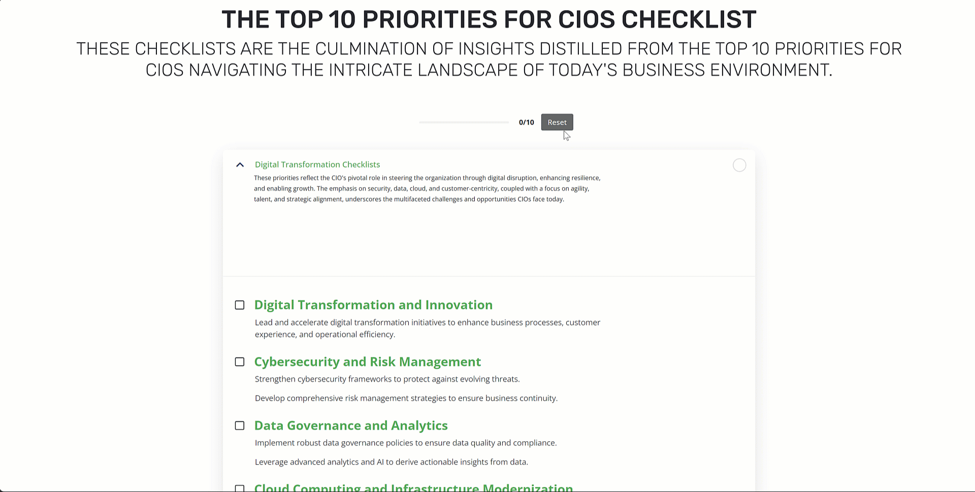 Interactive CIO Checklist Demo showing expandable sections, progress tracking, and checkboxes for Digital Transformation, Cybersecurity, Data Governance, and Cloud Computing priorities