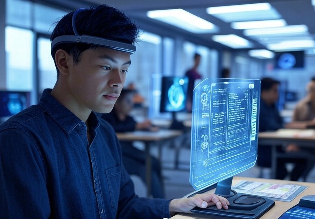 Person using advanced neural interface technology with holographic display