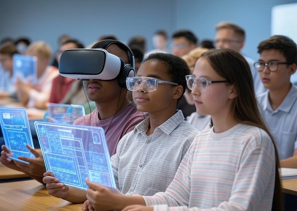 Students using VR headsets and AR displays in an immersive learning environment